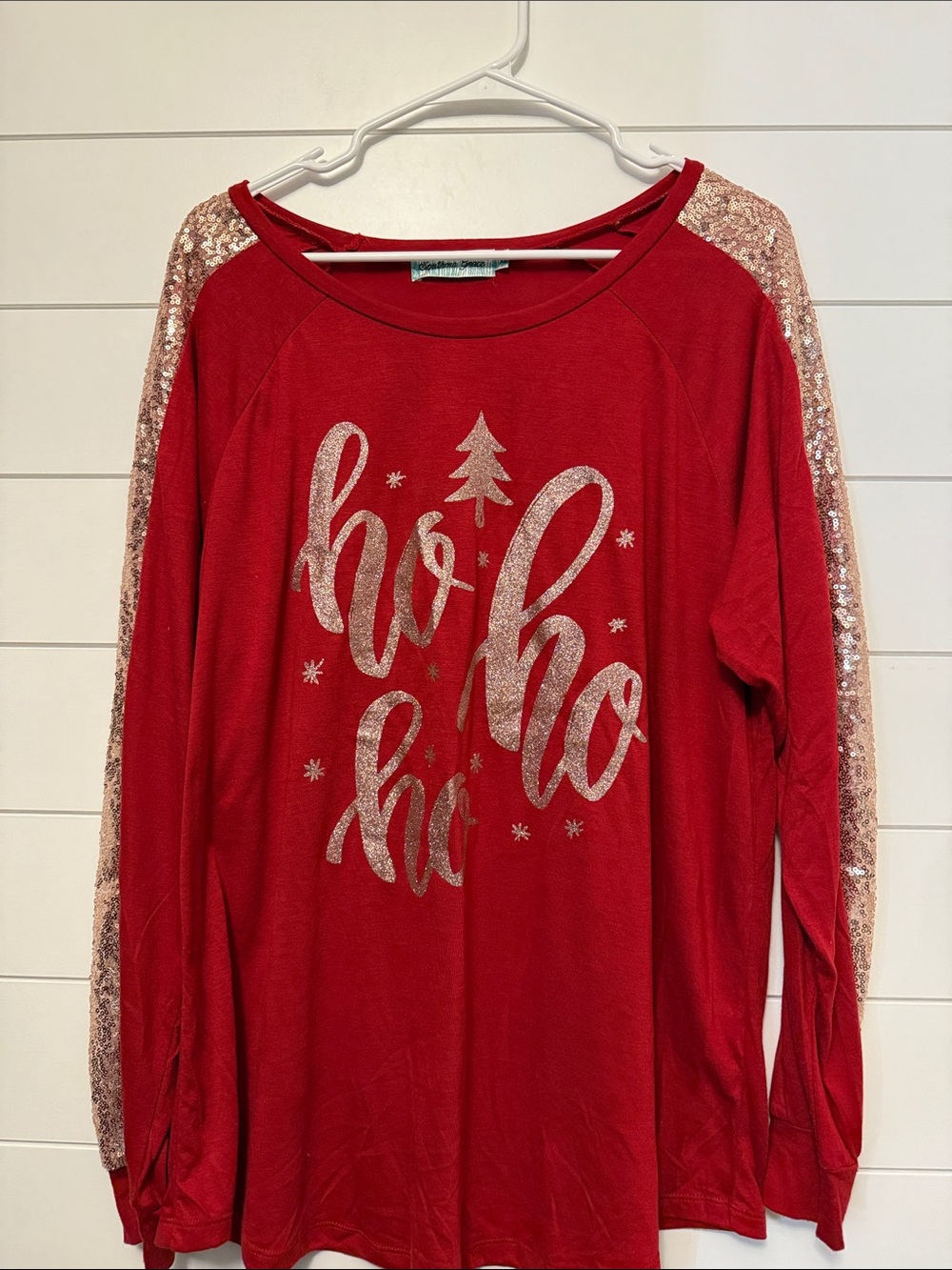 Southern Grace Red Long Sleeve Sequin Sleeve Ho Ho Ho Graphic Tee